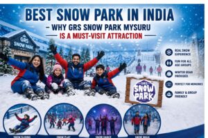 Indoor snow park in India GRS Snow Park Mysuru with people enjoying snow sliding play and winter experience